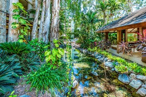 Escape to a serene tropical oasis with lush greenery and a soothing water feature.