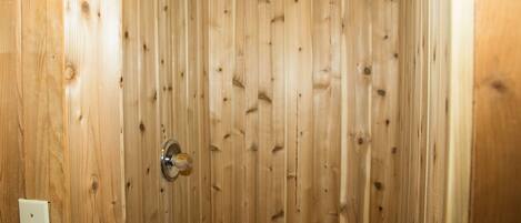 Combined shower/tub, hair dryer, towels, soap
