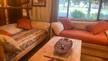 Smart TV, fireplace, books, music library