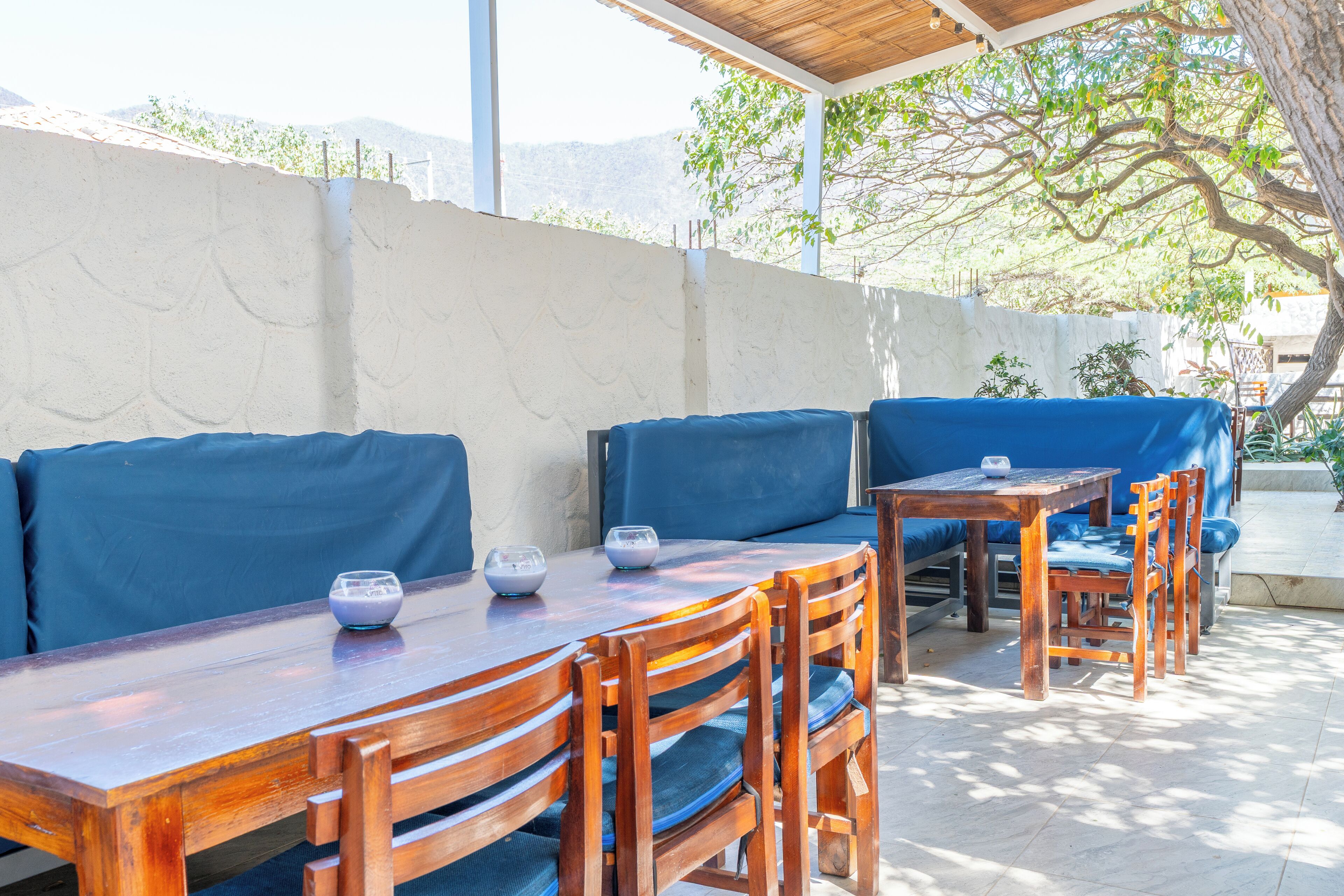 An outdoor seating area with wooden tables and blue cushioned benches, surrounded by a white wall and a tree.