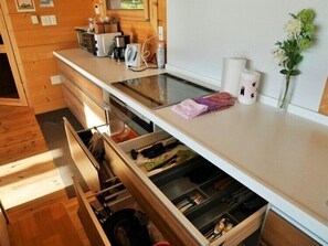 A compact kitchen with wooden cabinets, a countertop, and a built-in dishwasher. - Polar House Karuizawa 1 (Karuizawa)