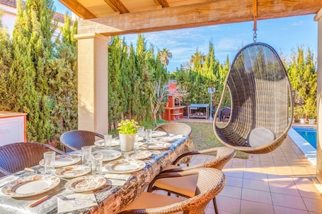 Outdoor dining. “Serra Fuster - Casa Tolleric” with Sea View, Wi-Fi, Garden