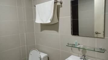 A bathroom with a toilet, sink, and mirror.