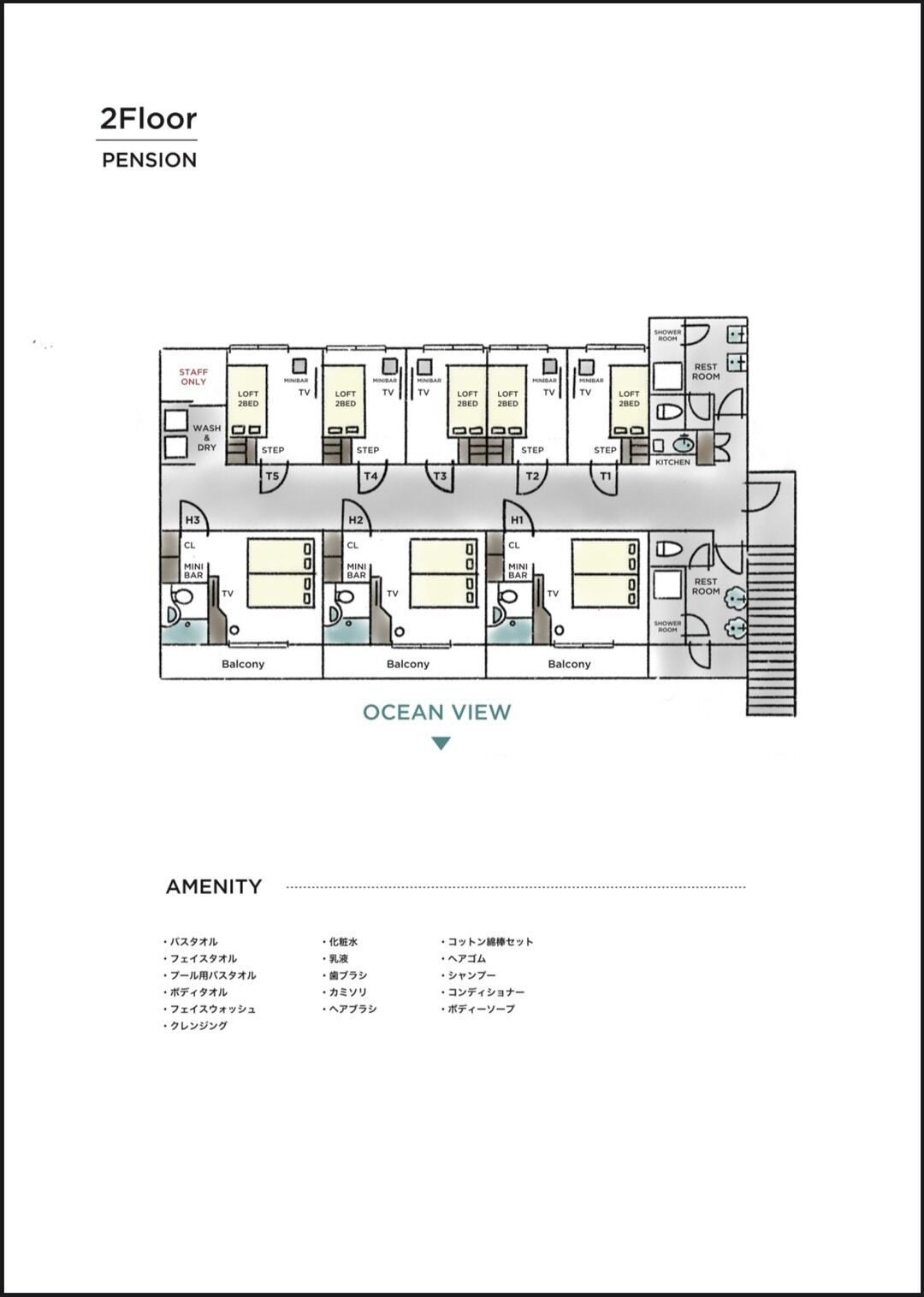 Distribución de una pensión de 2 plantas con vista al océano, incluyendo áreas de personal, lavandería, escalón, minibar, TV, camas tipo litera, cocina y baños.