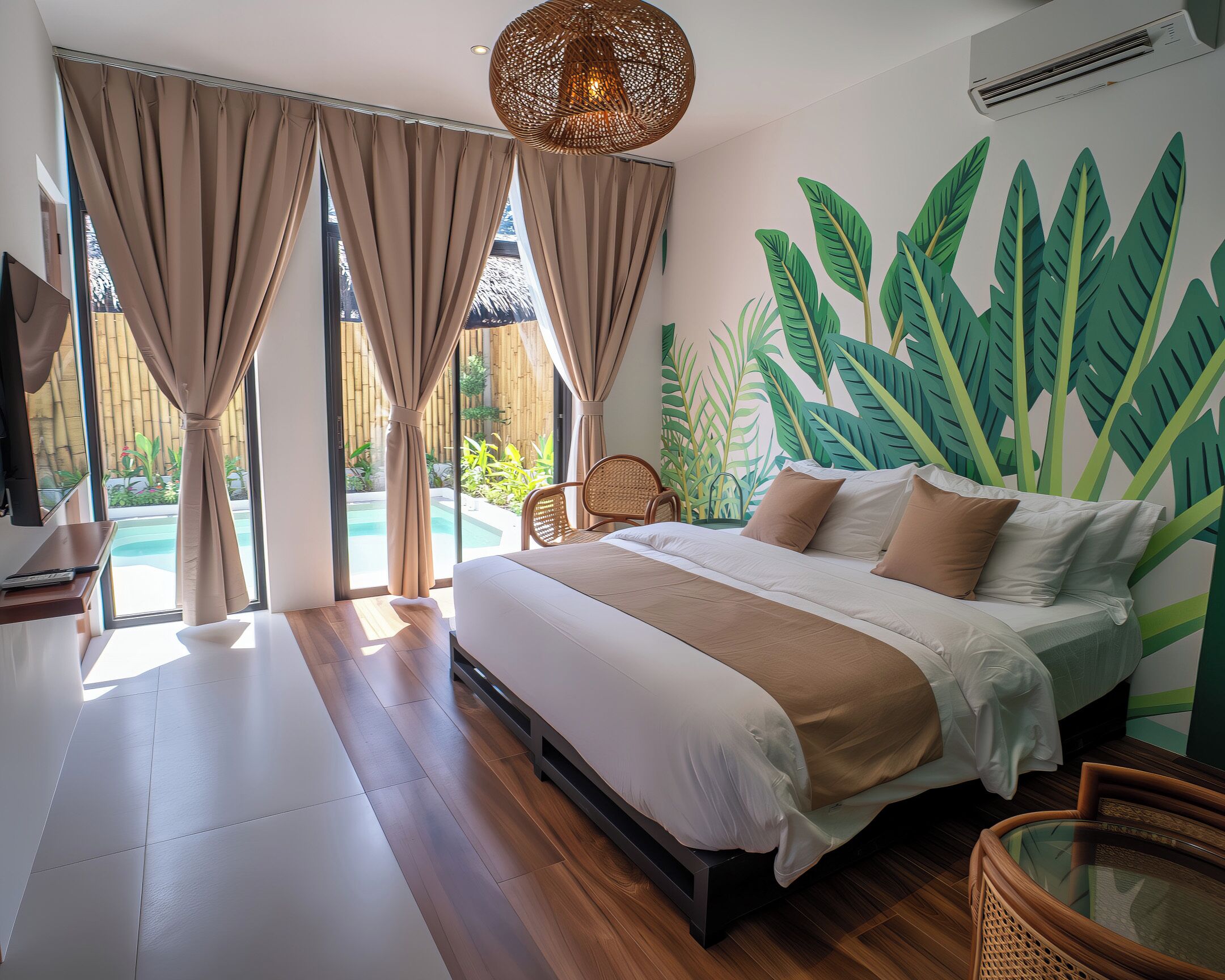 Un dormitorio con cama, cortinas, una silla de mimbre, vista a una piscina y un mural en la pared.
