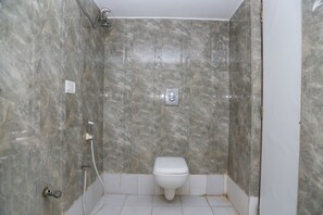 Shower, rainfall showerhead, designer toiletries, towels