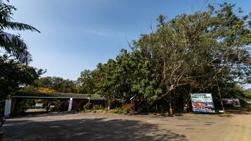 A sign for Mtunzini Forest Lodge with a covered parking area and lush greenery.