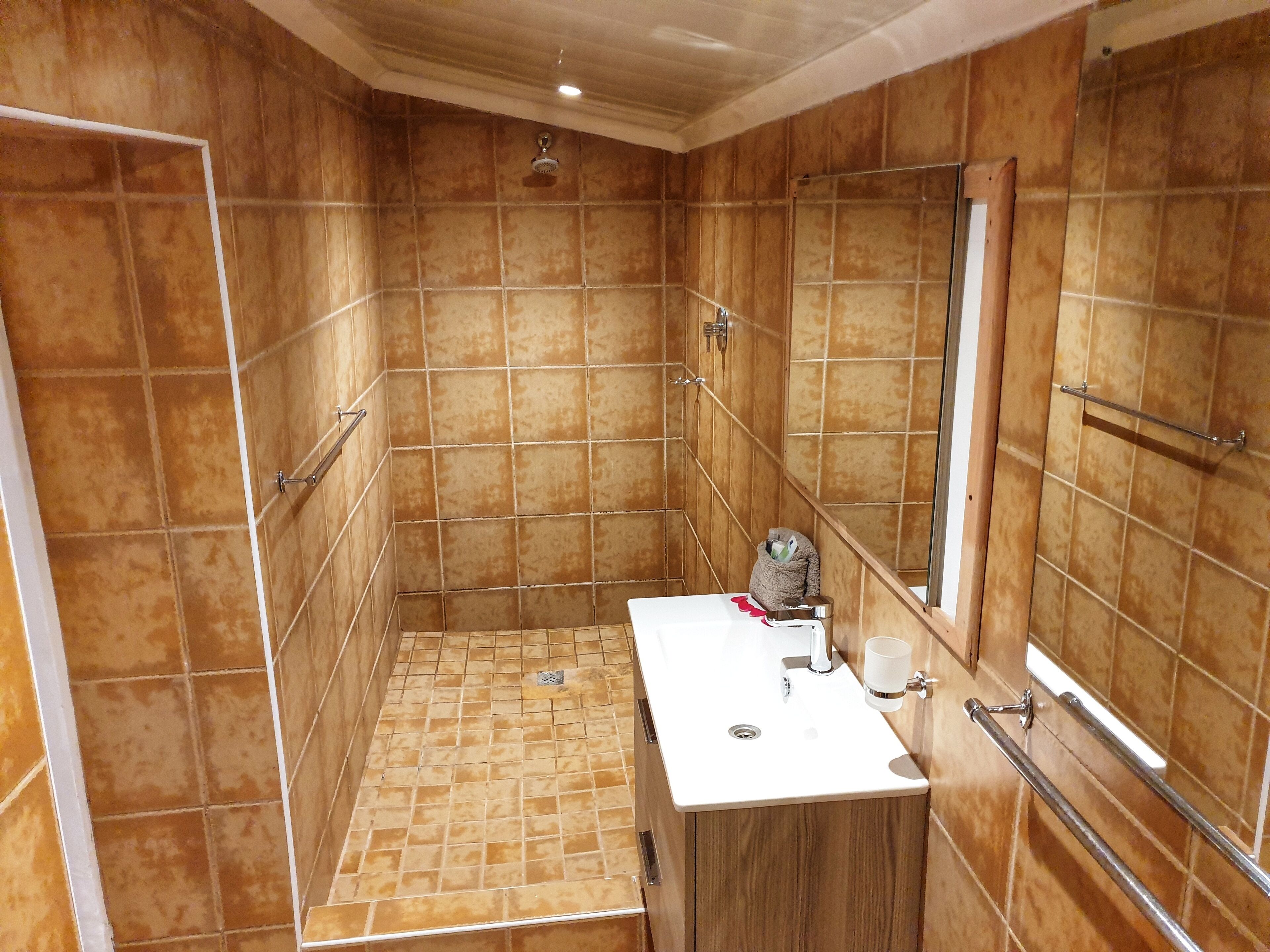 A bathroom with a shower, a sink, and a mirror.