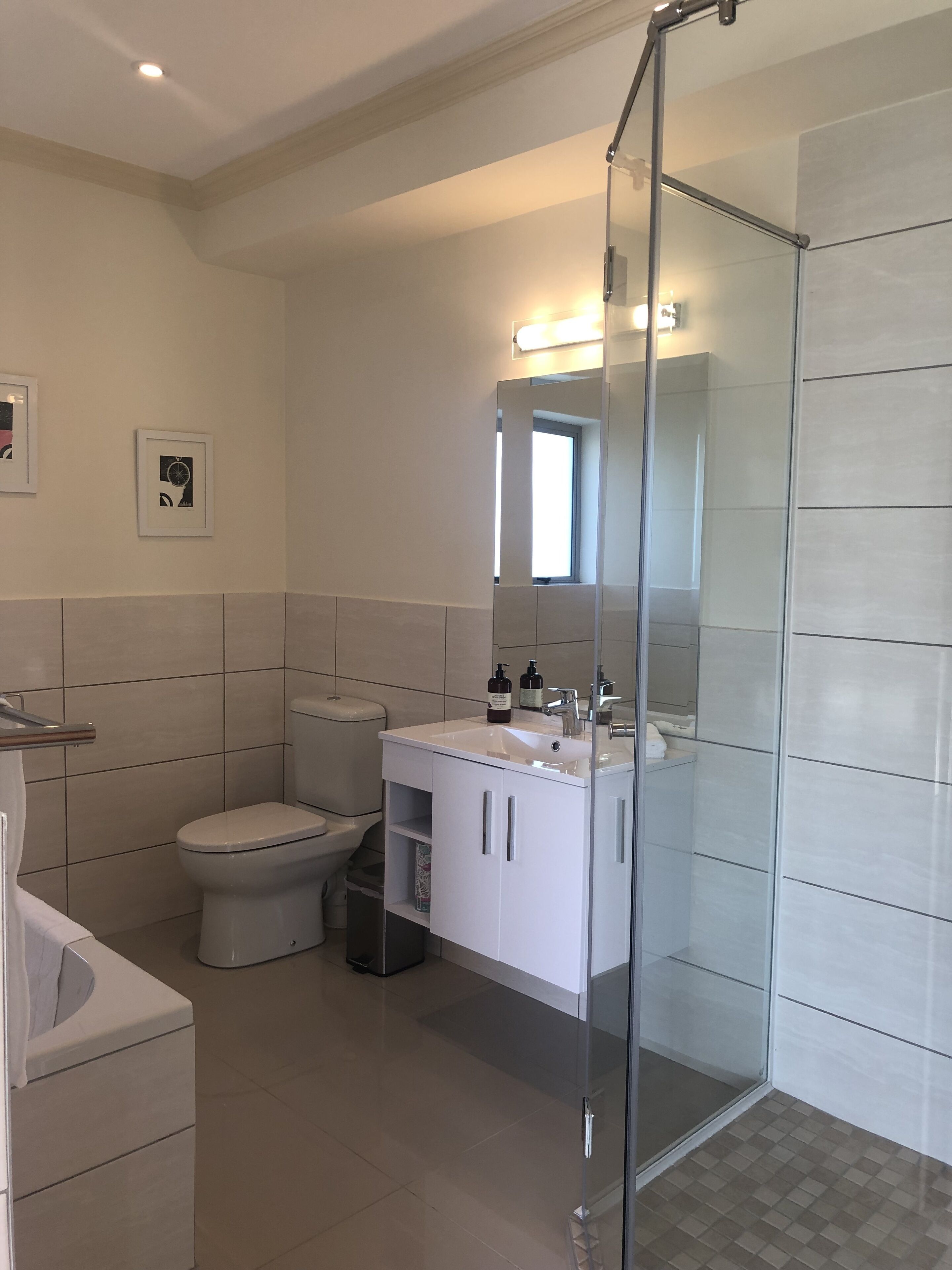 A modern bathroom with a glass shower enclosure, a toilet, and a sink with a mirror above it.