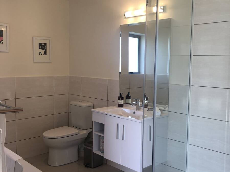 A modern bathroom with a glass shower enclosure, a toilet, and a sink with a mirror above it.