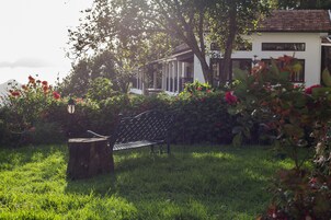 A garden with a bench, a tree stump, and a white building with columns.