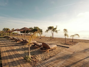 Une terrasse en bois, dotée de chaises longues et surmontée d’une structure à toit de chaume, offre une vue sur une plage à la végétation clairsemée et aux eaux calmes.