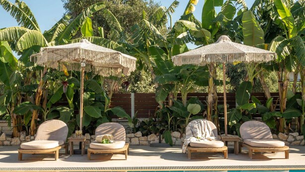 A poolside area with lounge chairs and straw umbrellas, surrounded by banana trees.