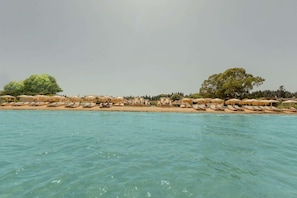 Ein Hotel am Strand mit Reihen von Liegestühlen und Reetdachschirmen, einem klaren, blauen Meer und Bäumen im Hintergrund.