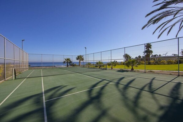 Ein Außen-Tennisplatz mit freiem Blick auf das Meer, umgeben von Palmen und einem Zaun.