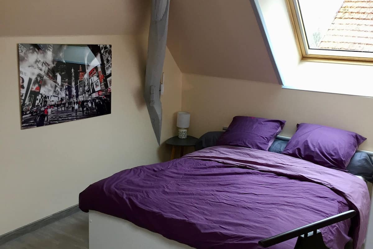 A bedroom with a bed, purple bedding, a nightstand, a lamp, a picture on the wall, and a skylight.