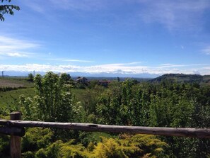 A rural landscape with a wooden fence, lush greenery, and distant mountains under a clear sky.