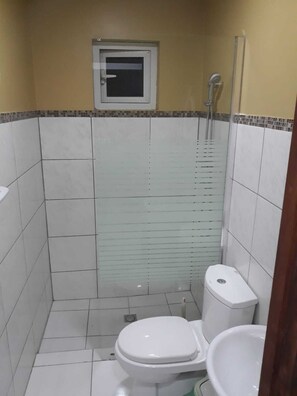 Chuveiro, toalhas de banho, papel higiênico