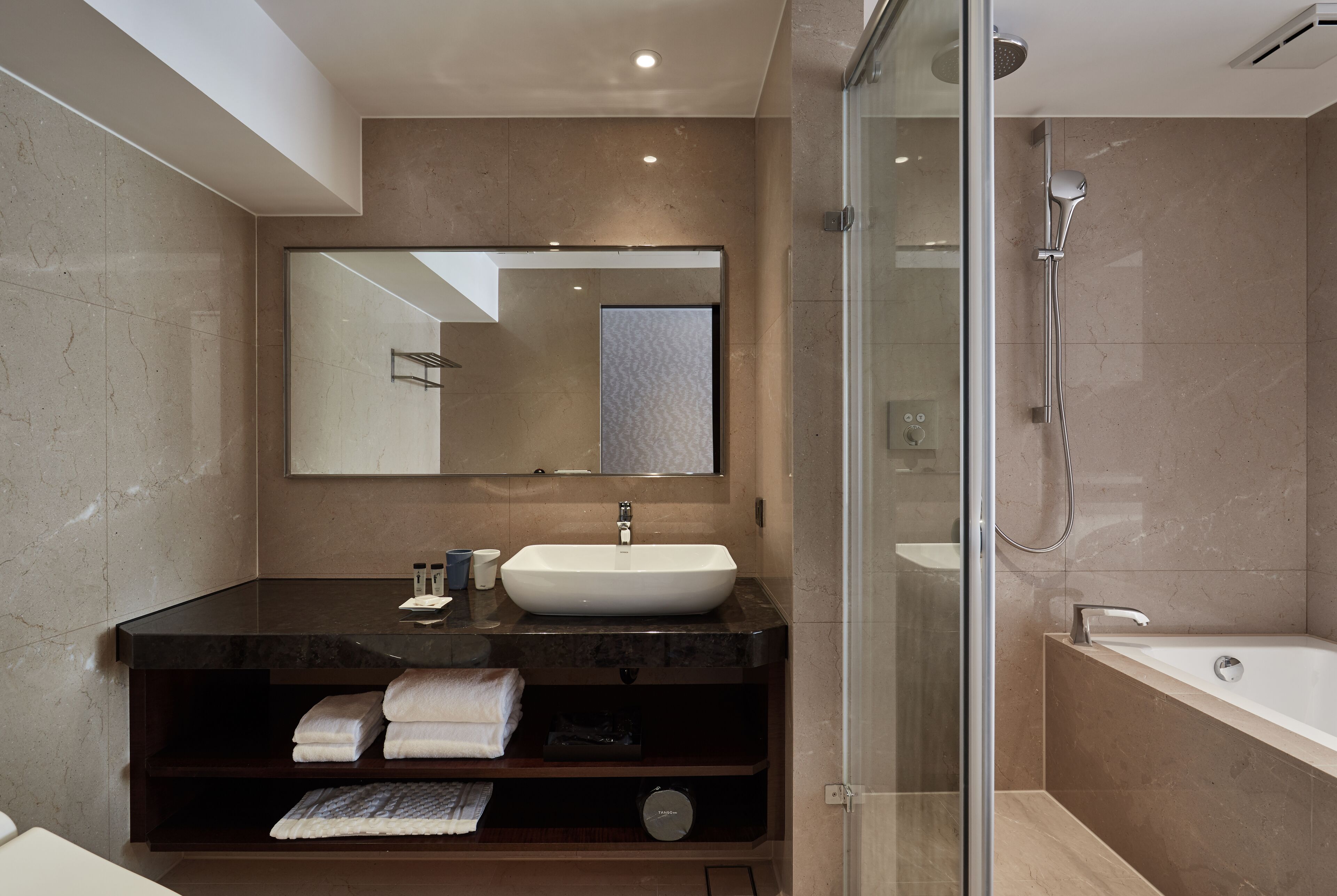 eco-friendly toiletries, hair dryer, slippers, bidet