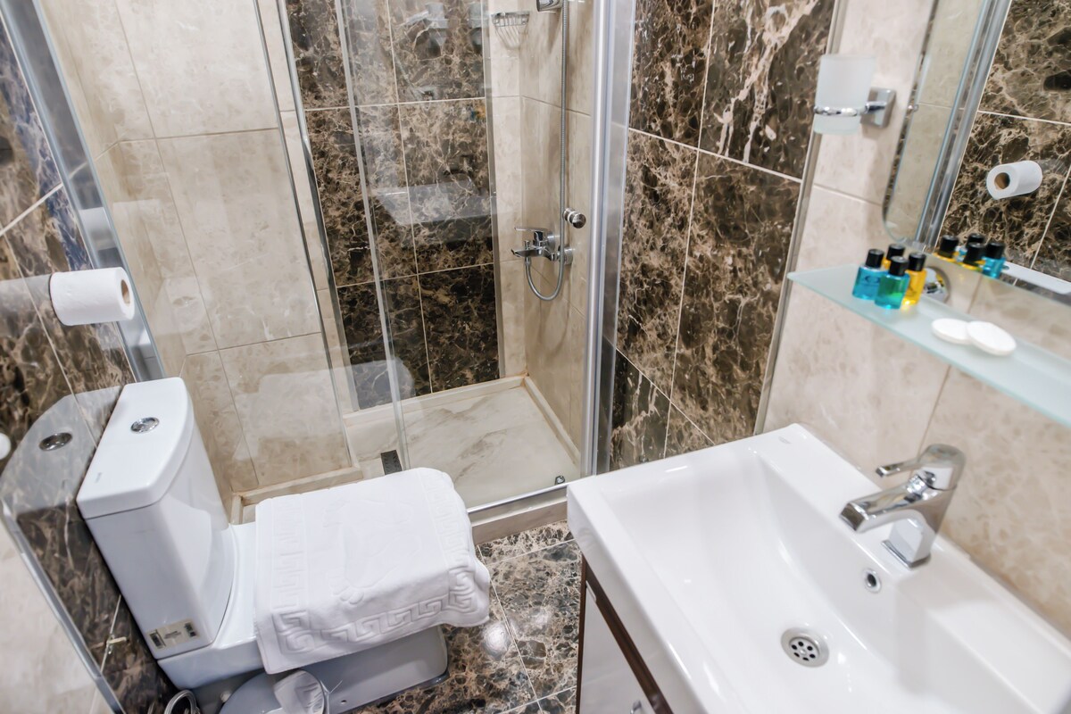 A bathroom with a glass-enclosed shower, a white toilet, and a sink with a mirror above it.