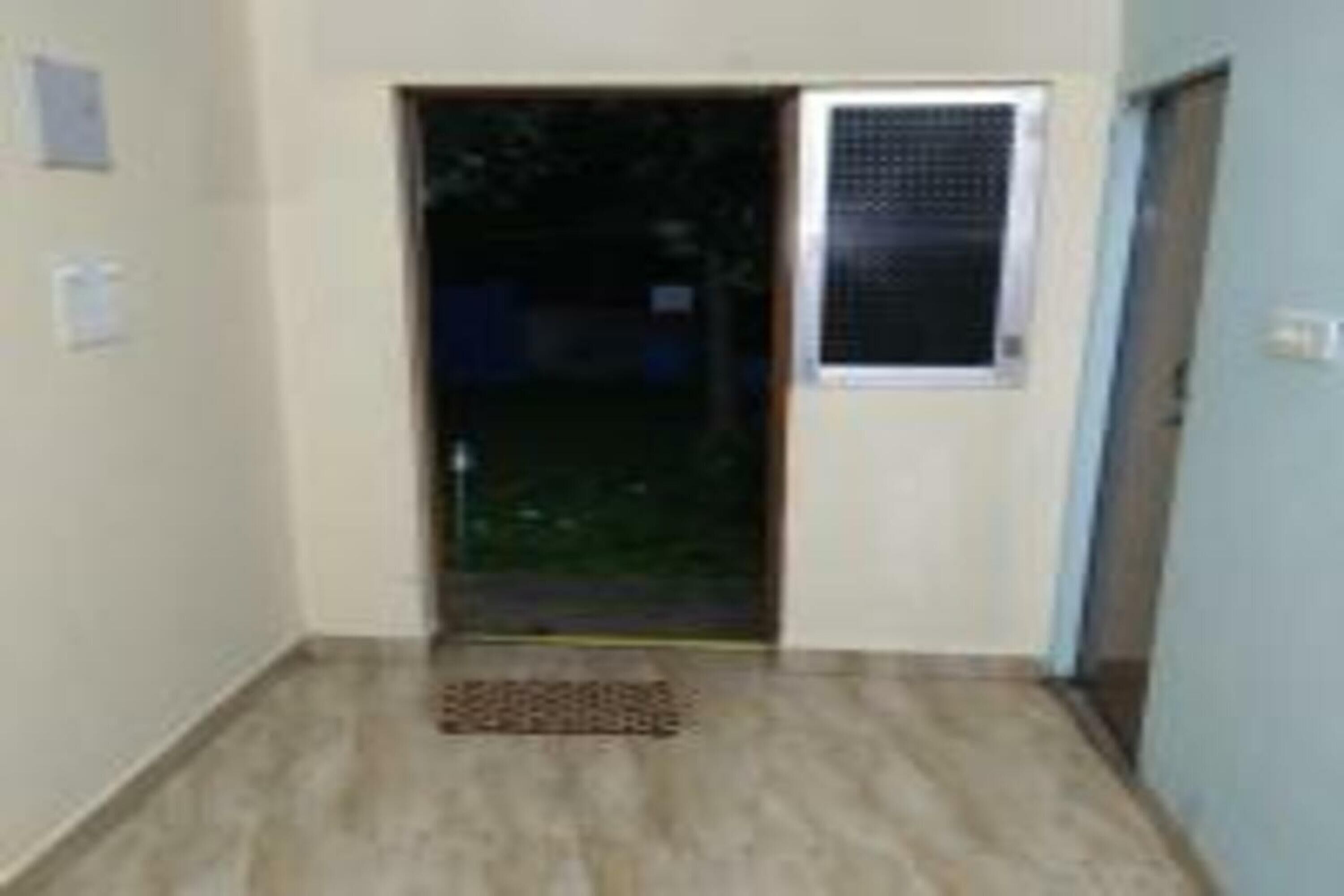 A hallway with a door leading to a dark outdoor area, a small mat on the floor, and a light switch on the wall.