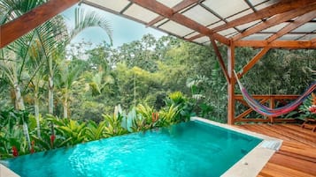 A pool area with a wooden deck, surrounded by lush tropical vegetation.