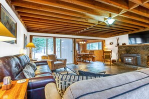 Tv, eldstad, dvd-spelare och ett filmbibliotek