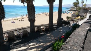 A beach with palm trees, a sandy shore, and a clear view of the ocean. - Apartamentos Flamingo (Tías)