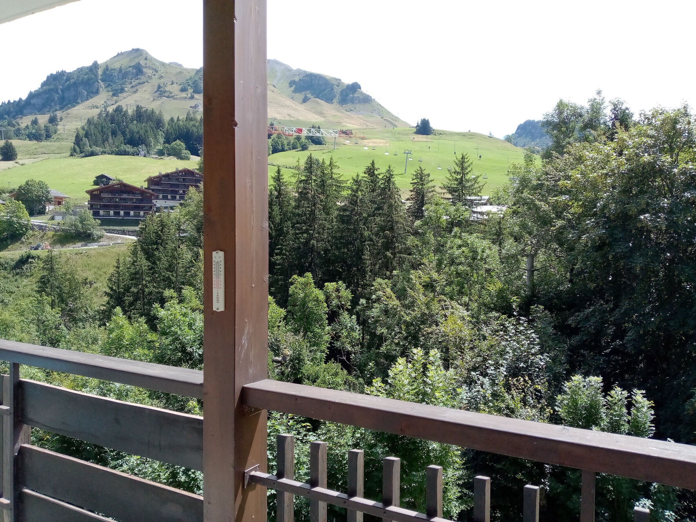 Une vue sur la montagne avec une balustrade en bois sur le balcon.