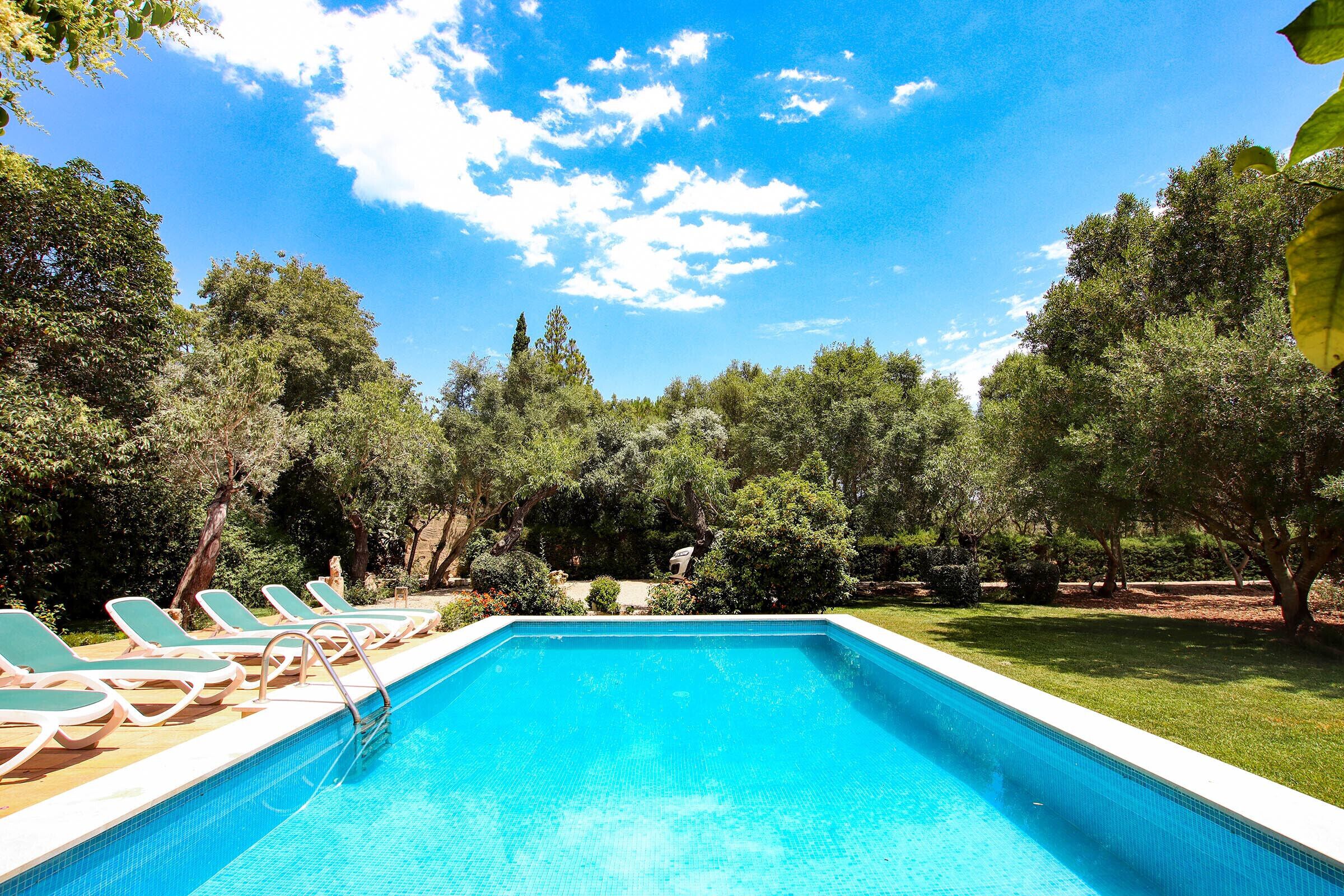 A rectangular swimming pool with a clear blue water surface, surrounded by a grassy area and trees.