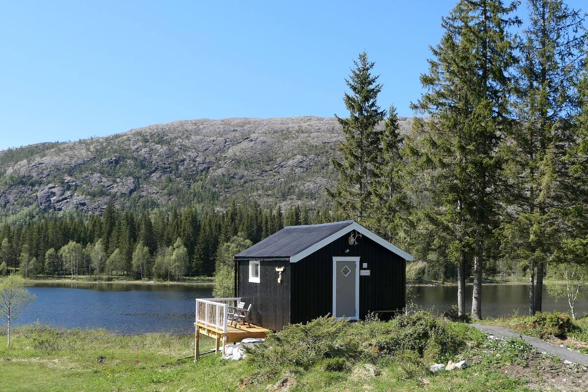 A small cabin with a deck, surrounded by trees and a lake, with a mountain in the background.
