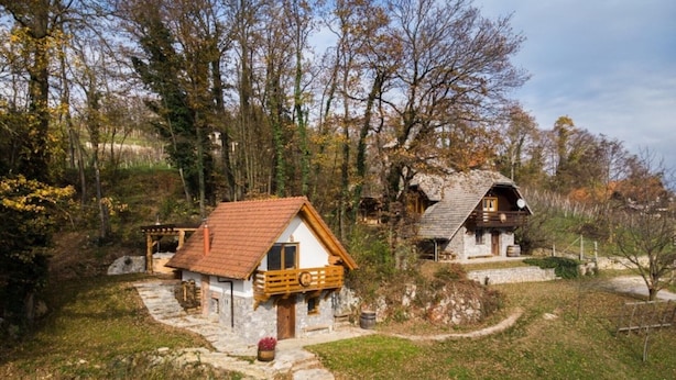 Two rustic cabins with stone walls and wooden roofs, surrounded by trees and a stone pathway.