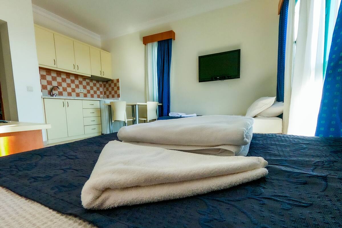 Una habitación de hotel con una cama, un escritorio, una silla, un televisor y una kitchenette.