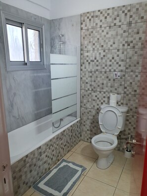 Shower, hair dryer, towels, shampoo