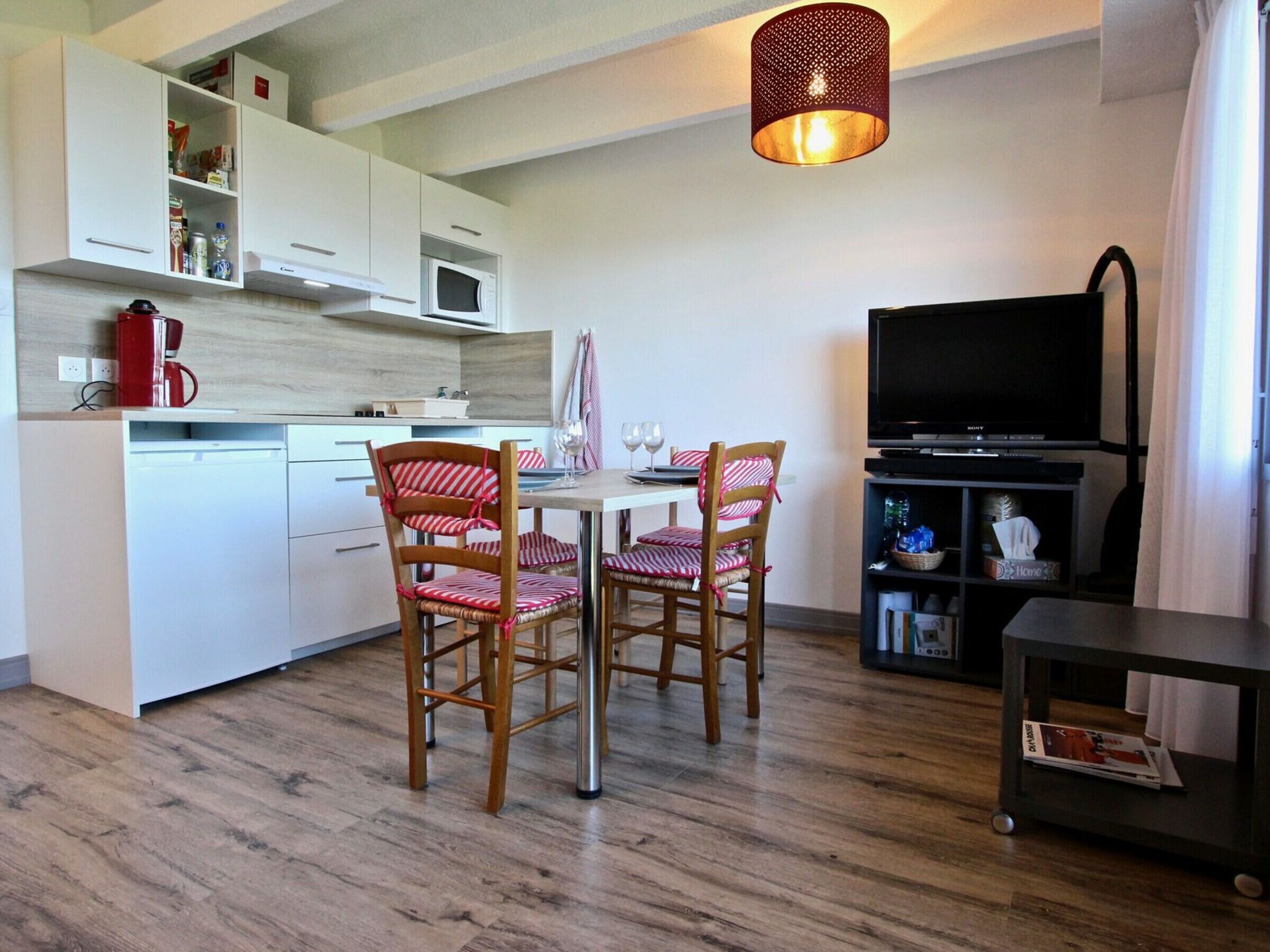 A compact living space with a kitchenette, dining area, and a TV.