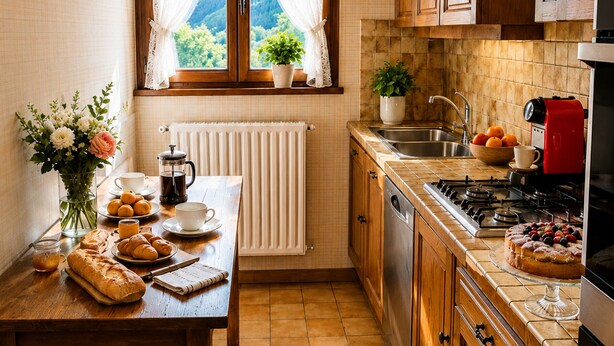A kitchen with a wooden table, a coffee maker, a bowl of fruit, and a red coffee machine.