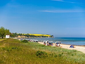 Una playa con sillas de playa y una carpa en la arena, un área verde al frente y un cielo azul despejado.
