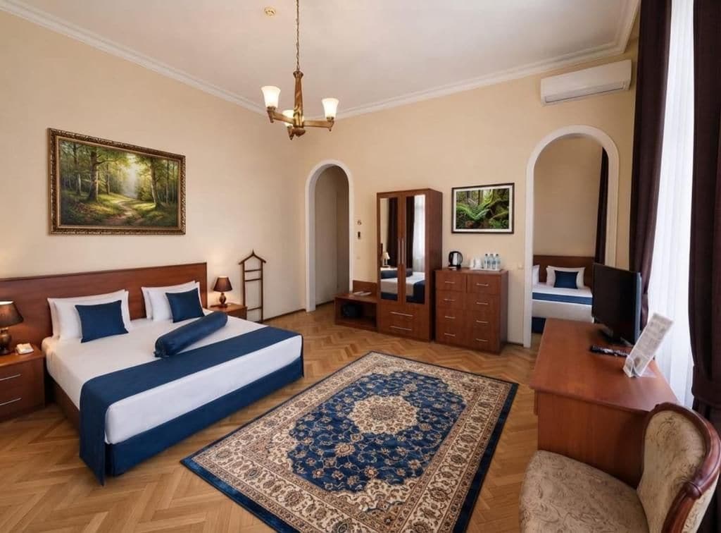 Ein Hotelzimmer mit Bett, Schreibtisch, Stuhl, Kommode, Spiegel und einem Gemälde an der Wand.