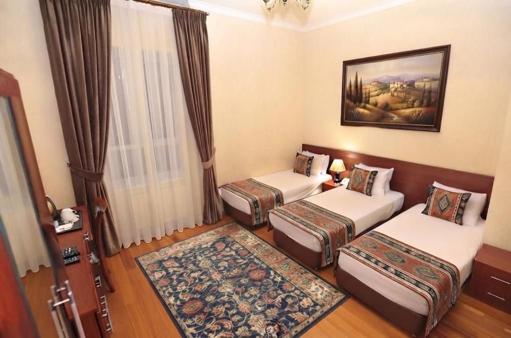 Une chambre d’hôtel avec deux lits, une grande fenêtre avec des rideaux, un tableau au mur et un tapis à motifs.