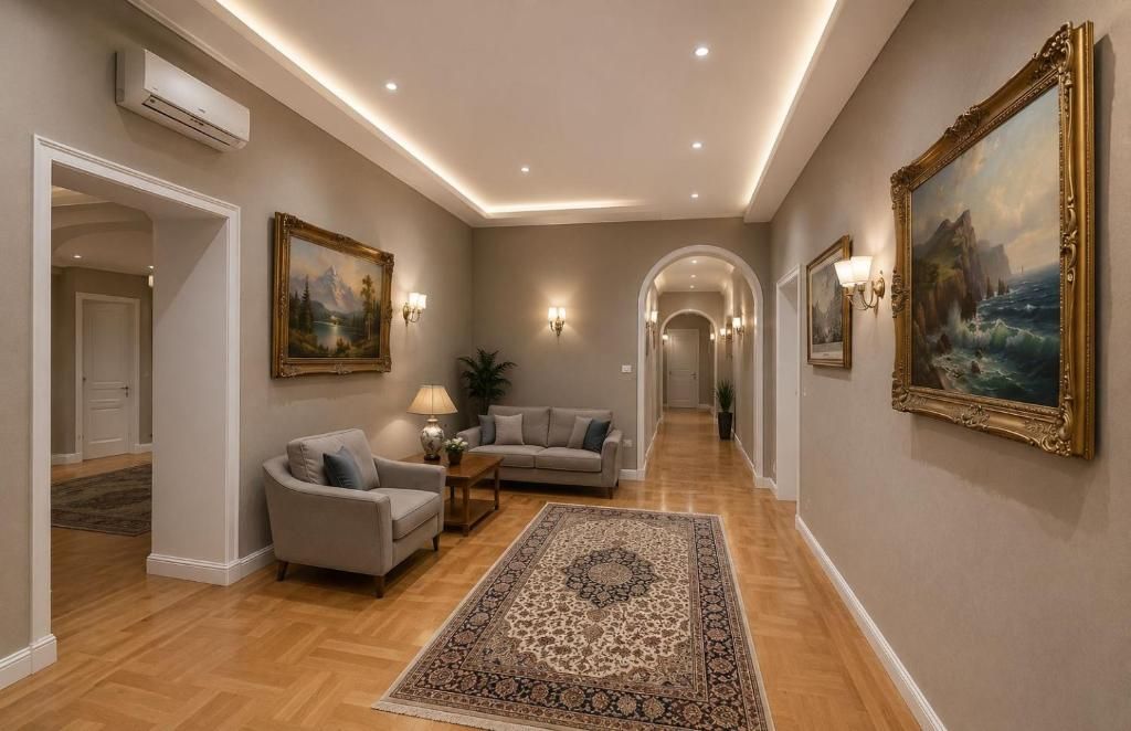 A hallway with a sofa, a rug, and wall-mounted paintings.