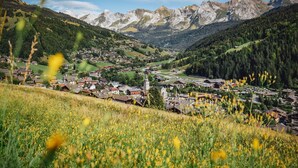 A mountainous landscape with a village nestled in the valley.