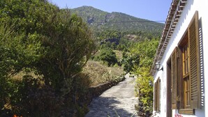 Un étroit sentier pavé de pierres menant à un bâtiment blanc aux volets en bois, entouré d’une végétation luxuriante et avec une montagne en arrière-plan.
