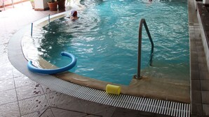 Una piscina interior con suelo de baldosas, escalera azul y plantas en macetas alrededor del borde.