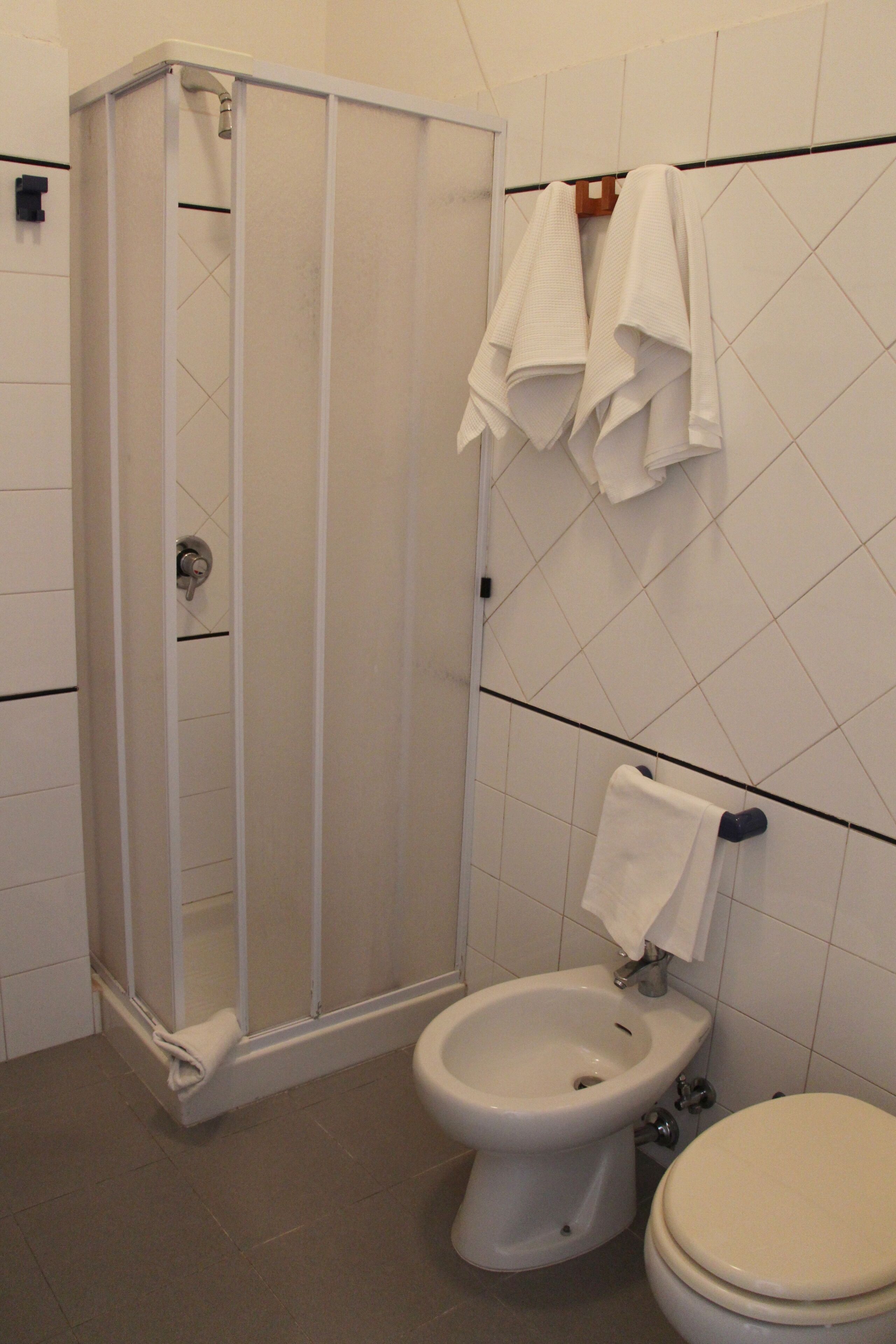 A bathroom with a shower enclosure, a bidet, and a toilet.