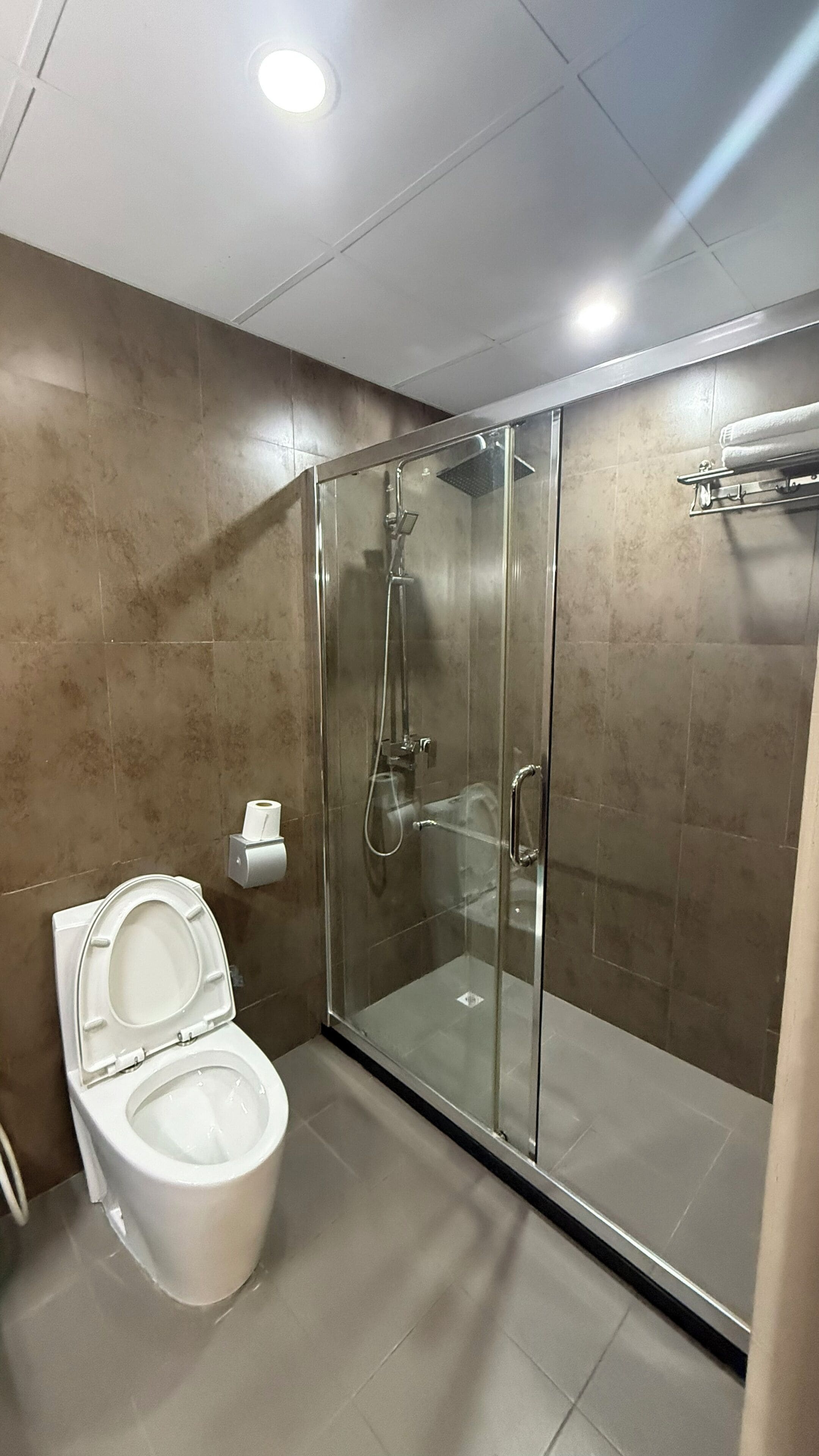 A bathroom with a glass-enclosed shower, a toilet, and a towel rack.
