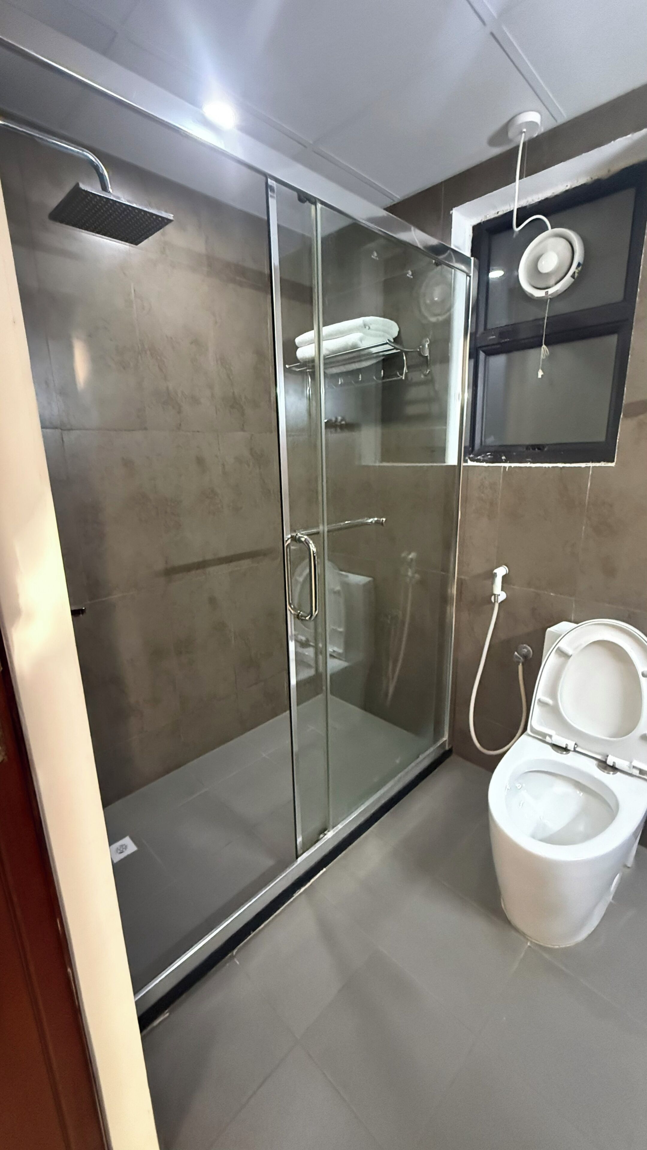 A modern bathroom with a glass-enclosed shower, a toilet, and a towel rack.