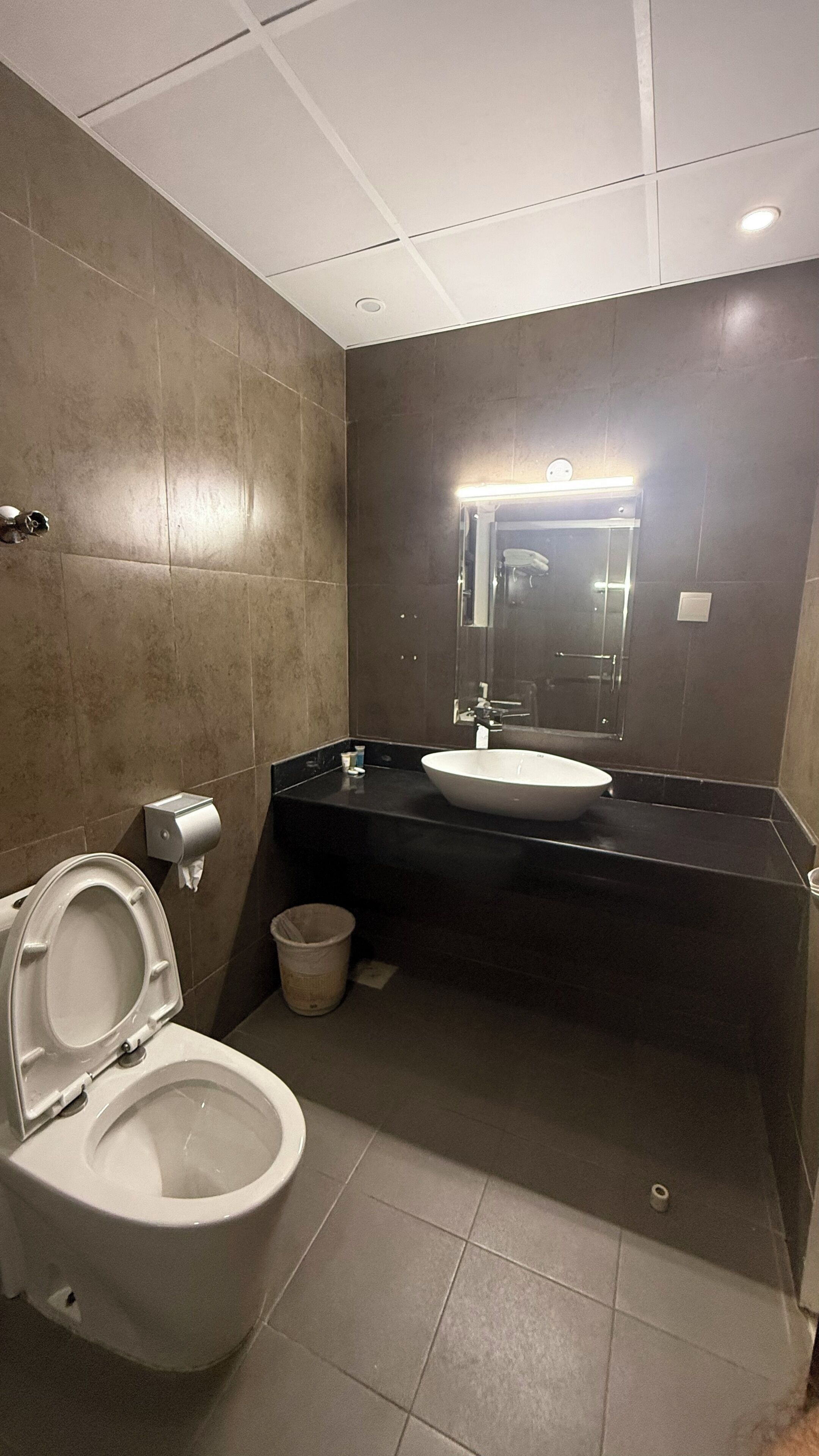 Un baño moderno con inodoro, lavamanos y espejo.
