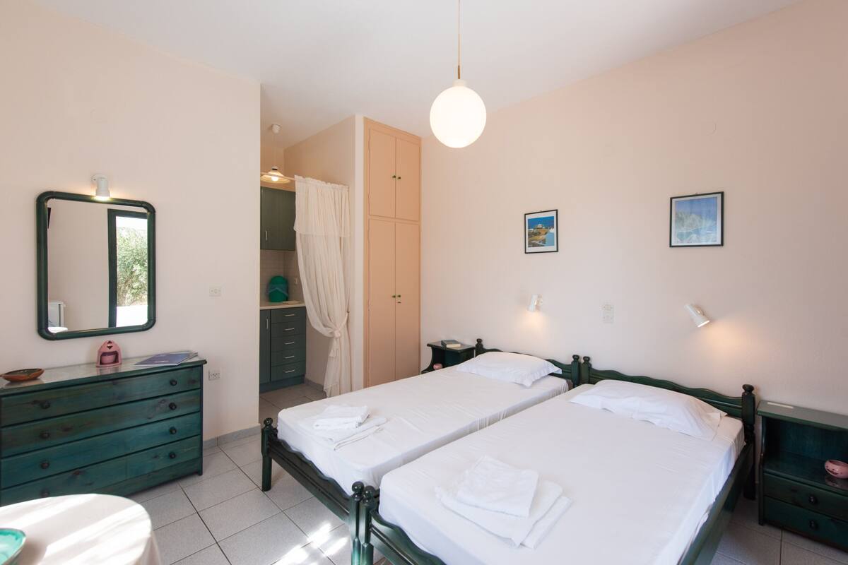 A bedroom with two beds, a dresser, a mirror, and a hanging light fixture.
