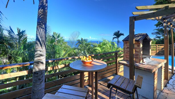 Une terrasse en bois avec une table ronde et des chaises, un petit barbecue en briques, et une vue sur une piscine et des palmiers.