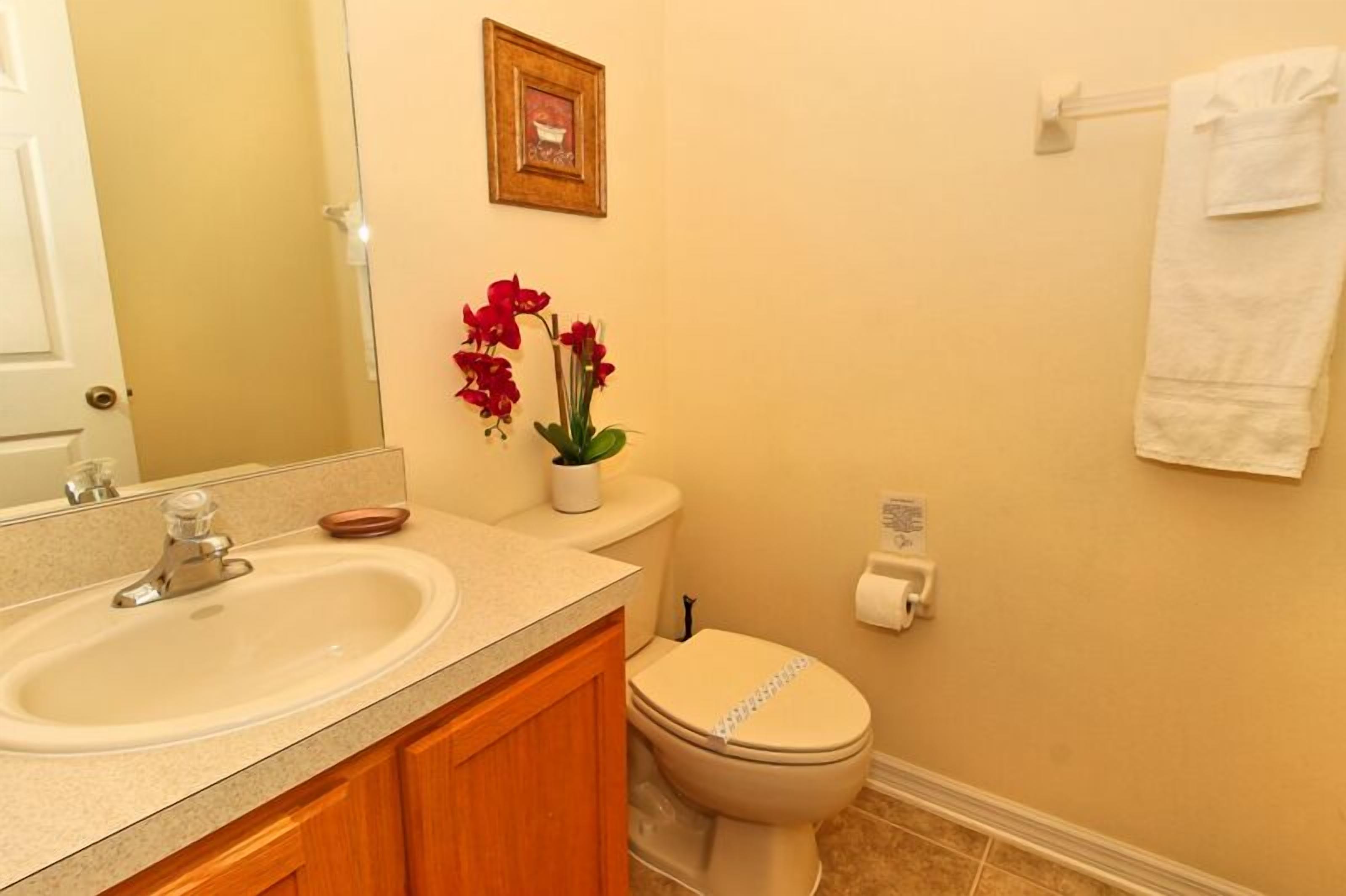 Une salle de bain avec un lavabo, des toilettes et un tableau encadré au mur.
